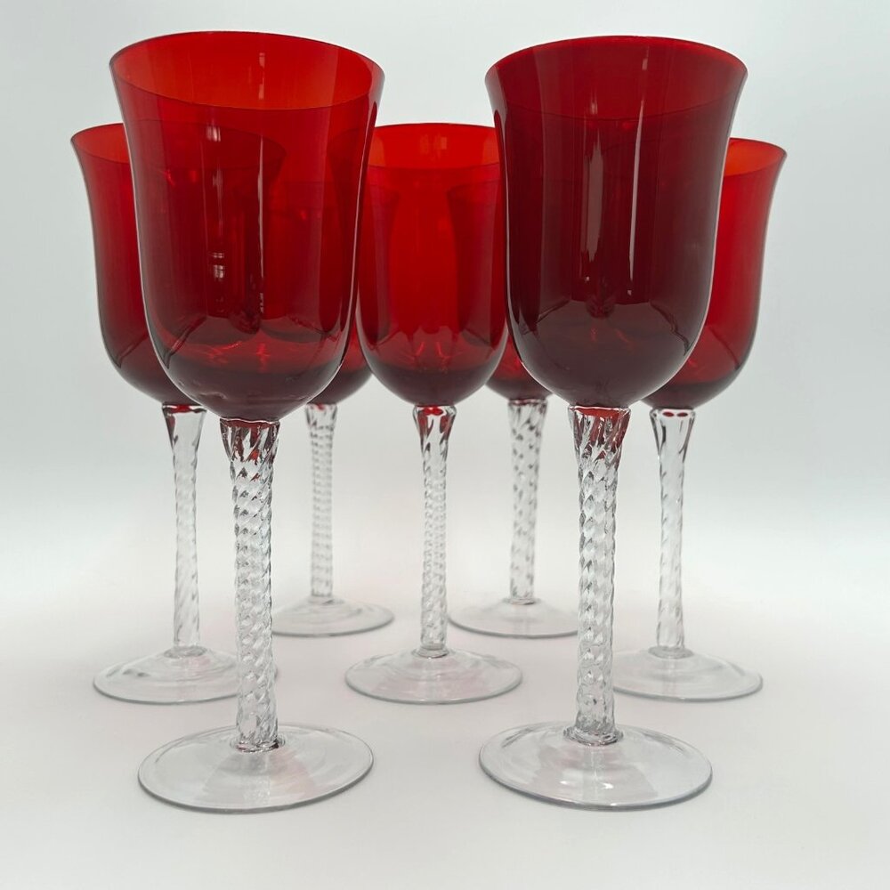 Long Stem, Hand Blown, Red with Clear Twisted Stem Wine Glasses, Set of 7, Tulip